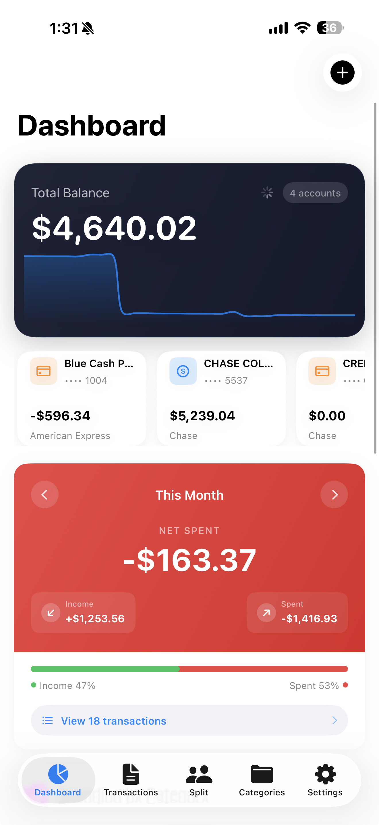 Dashboard screen showing total balance and linked bank accounts